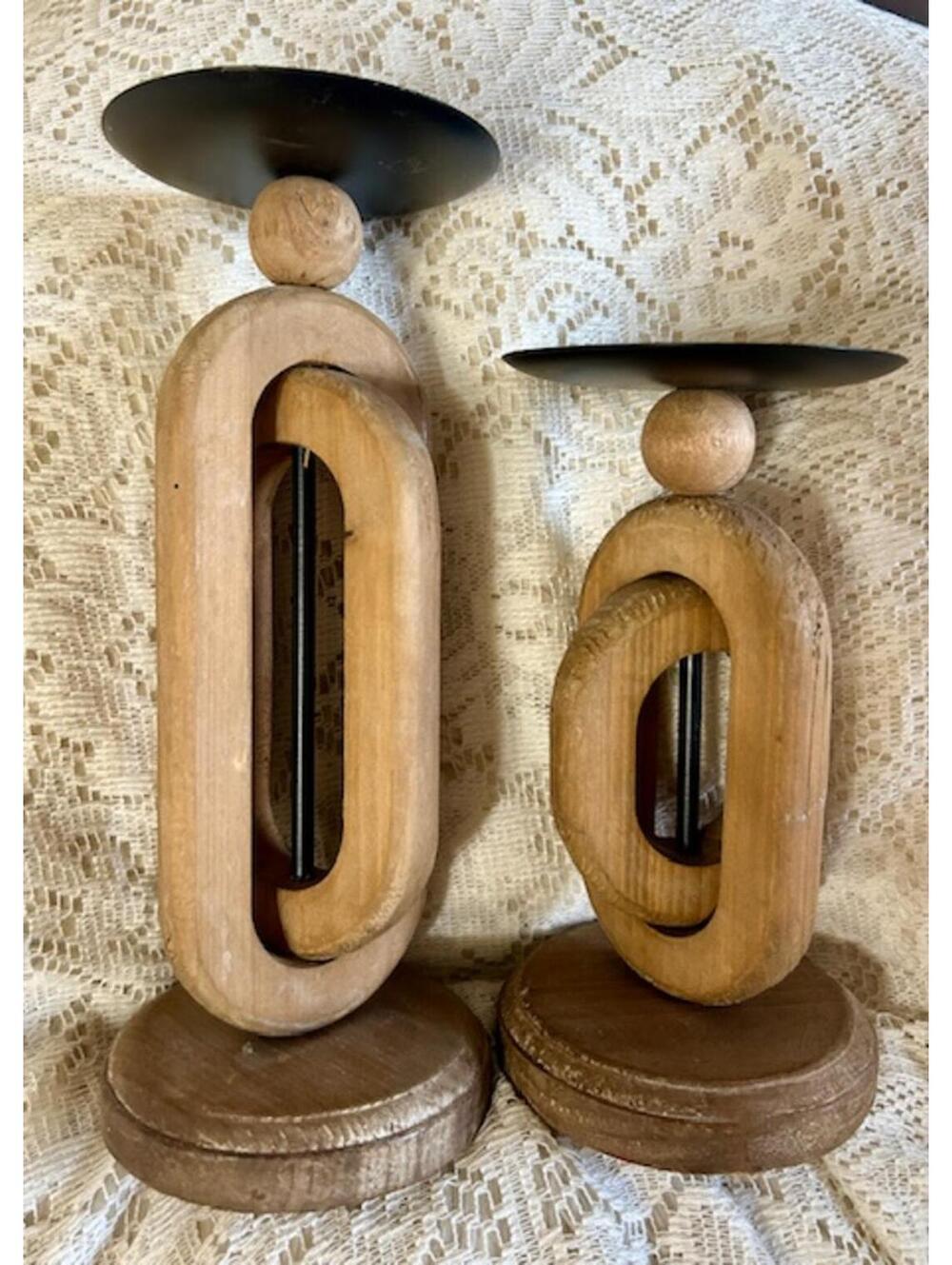 Pair of Wooden Candle Holders Geometric Design with Metal Plates